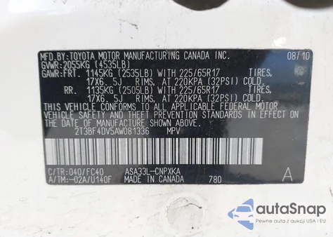 2010 Toyota Rav4 from USA, damaged, VIN 2T3BF4DV5AW081336